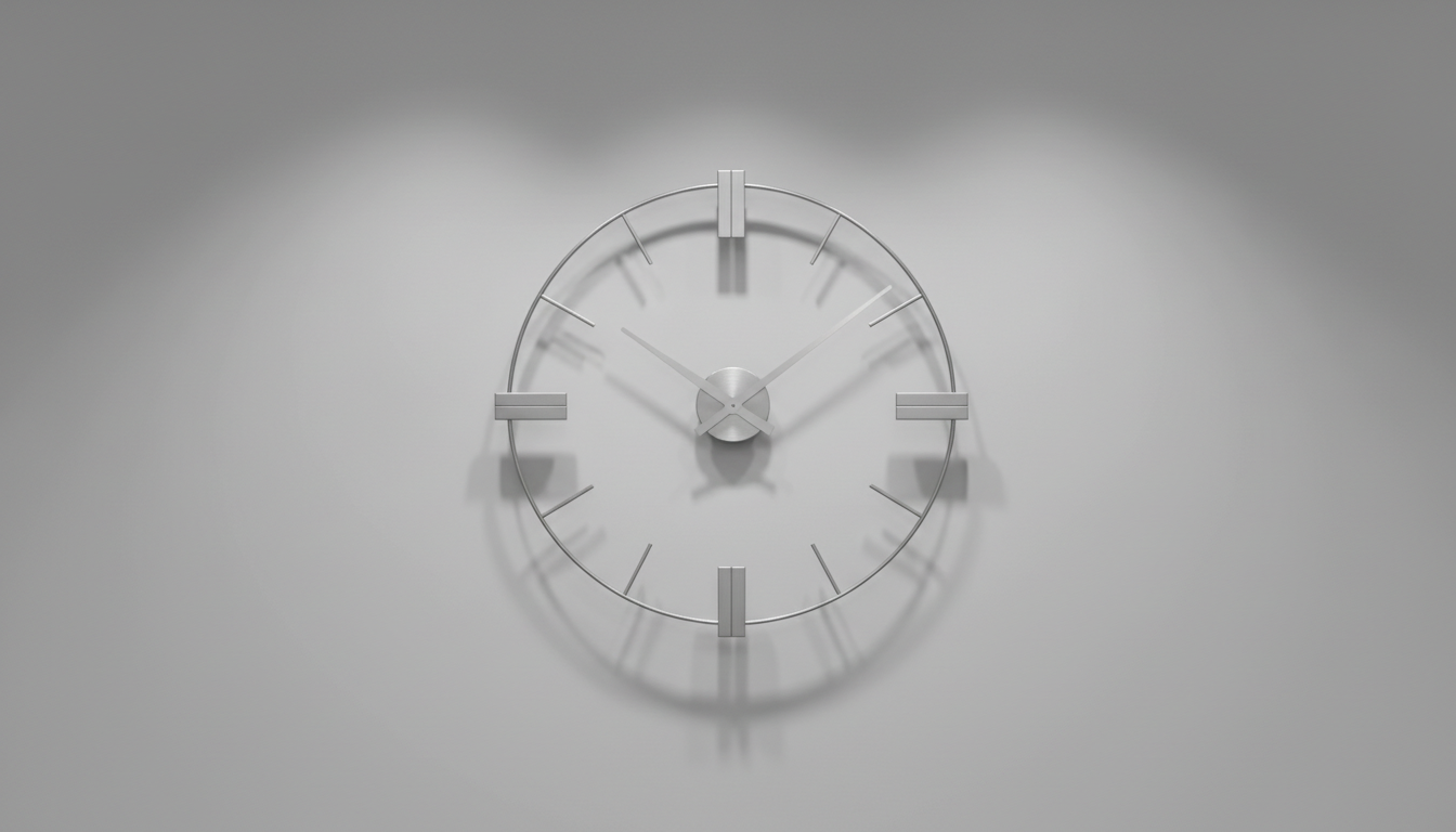 An ultra-modern, sculptural wall clock made from brushed stainless steel, featuring minimalist markings and thin, elongated hands, is mounted on a smooth, pearl-gray wall. The background is purposefully uncluttered, drawing focus to the clock's precision and artistry. Overhead recessed lighting creates crisp, rhythmic shadows along the clock’s edges and a barely-there glint on the metal surface. Captured straight on with symmetrical framing, the atmosphere feels cool, orderly, and meticulously designed, echoing the scientific engineering behind contemporary home décor.