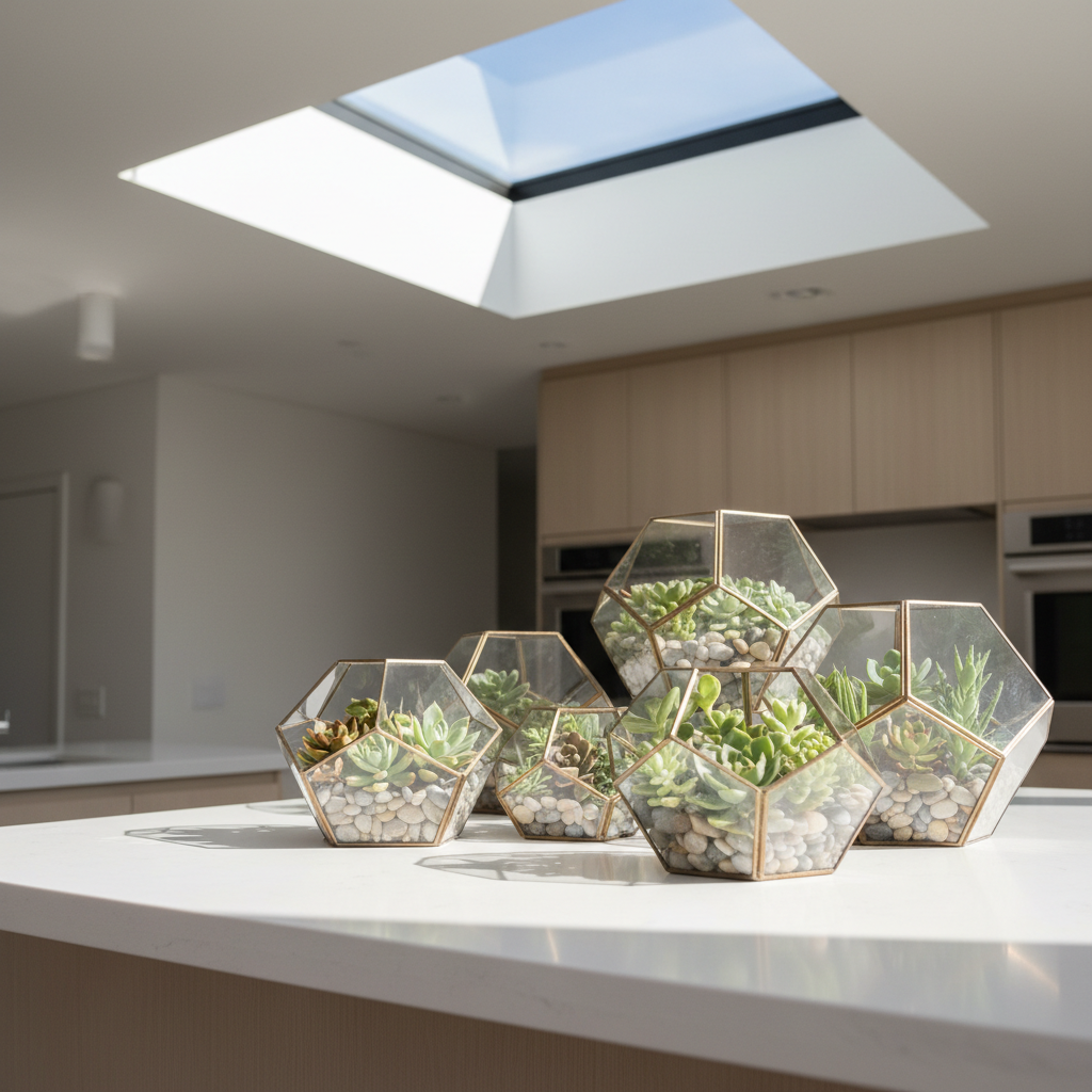 A set of geometric glass terrariums in varying polygonal shapes, featuring crystal-clear panels with brushed metal frames in a muted gold finish, are carefully arranged atop a smooth white quartz countertop. Lush, green succulents and gray pebbles are visible inside, providing texture and vibrant color contrast. Bathed in soft afternoon natural light cascading from a skylight above, the terrariums gleam with subtle reflections and gentle shadows. The composition uses rule of thirds framing from a slightly elevated angle, further highlighting the clean, modern aesthetic and refined craftsmanship of upscale home goods.