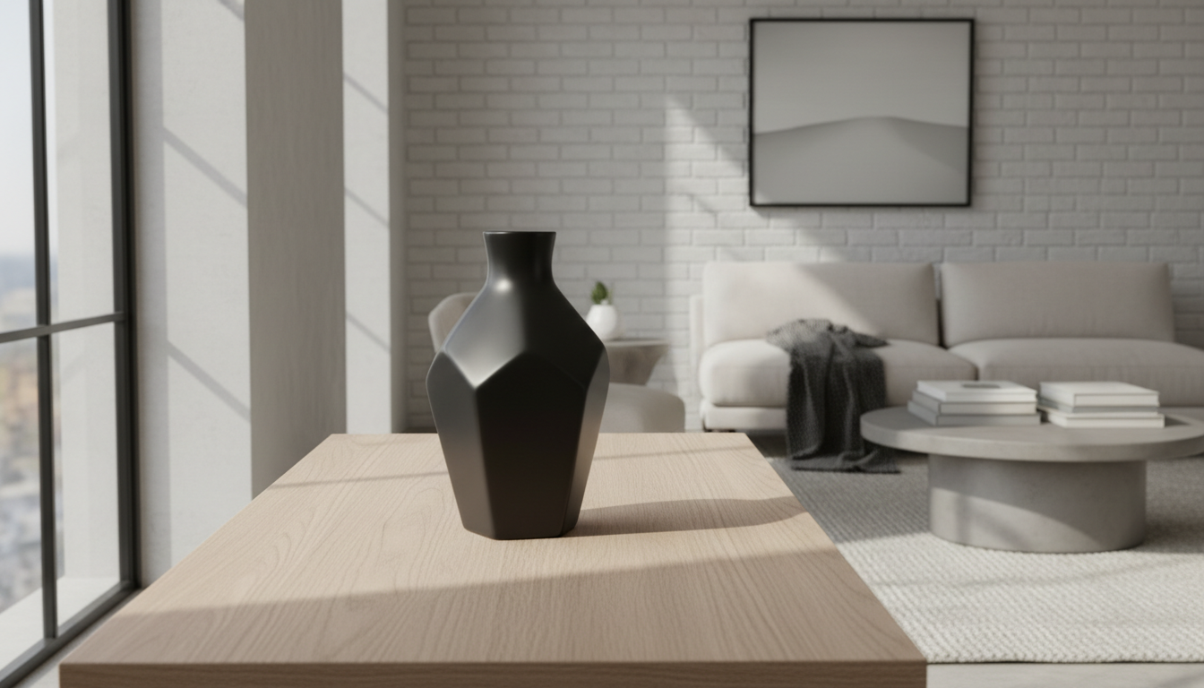A sleek, matte black ceramic vase with clean, angular lines and a gently tapered neck stands as the centerpiece. The vase rests on a pale ash wood credenza in a stylish, modern living room. Soft, indirect natural light filters in from an adjacent window, casting diffused highlights along the vase's surface and subtle shadows on the wood grain. The background features minimalistic décor in neutral tones, creating a calm and sophisticated mood. Shot at eye-level with a centered composition and sharp focus throughout, the image embodies modern elegance and understated luxury, perfectly reflecting high quality home goods for a contemporary home design store.