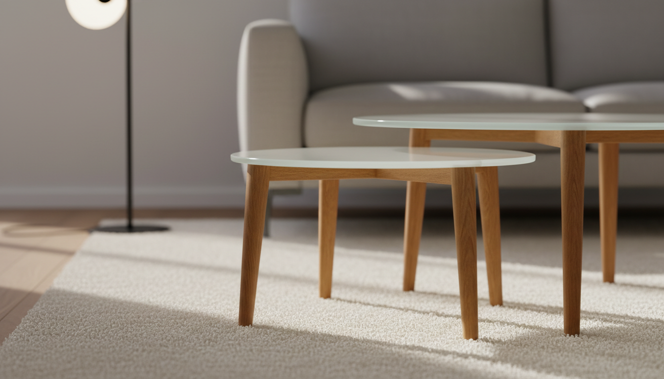 A pair of elegant nesting tables crafted from seamless frosted glass tops and polished maple wood legs are arranged in a staggered layout on an ivory woolen area rug. The muted, ambient lighting from an architecturally designed floor lamp beside the tables casts gentle, warm highlights and soft, elongated shadows. The tables remain in sharp focus while the textured rug and a hint of a minimalist sofa blur softly in the backdrop. Shot from a low, close angle for an intimate, sophisticated effect, the mood speaks to functional beauty in refined, modern interiors.